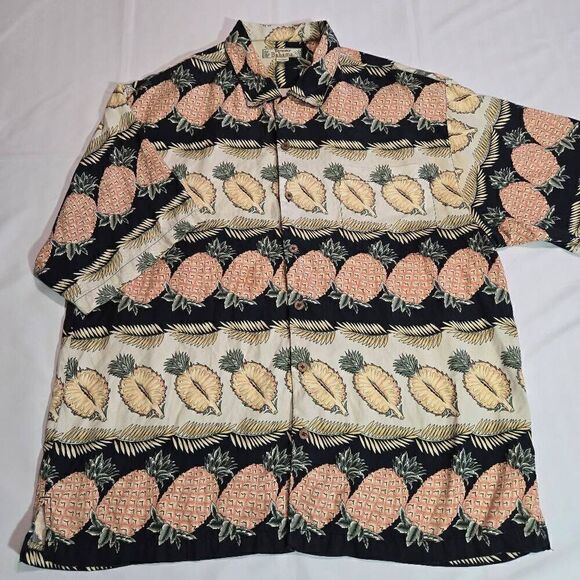 TOMMY BAHAMA SILK HAWAIIAN SHIRT CREAM BLACK PINEAPPLE SLICED MENS SIZE XL - Picture 1 of 5